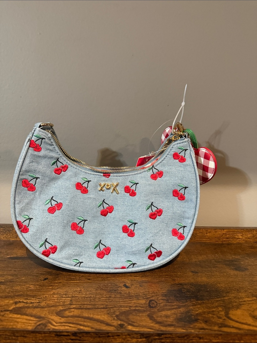 Betsey Johnson Light Blue Denim Cherry Crossbody Bag with Gold Accent